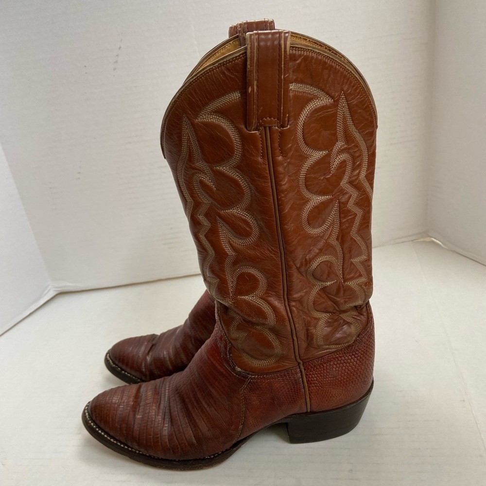 Tony Lama Cowboy Boots Brown Peanut Brittle Western Lizard Sz 8.5D Mens Leather